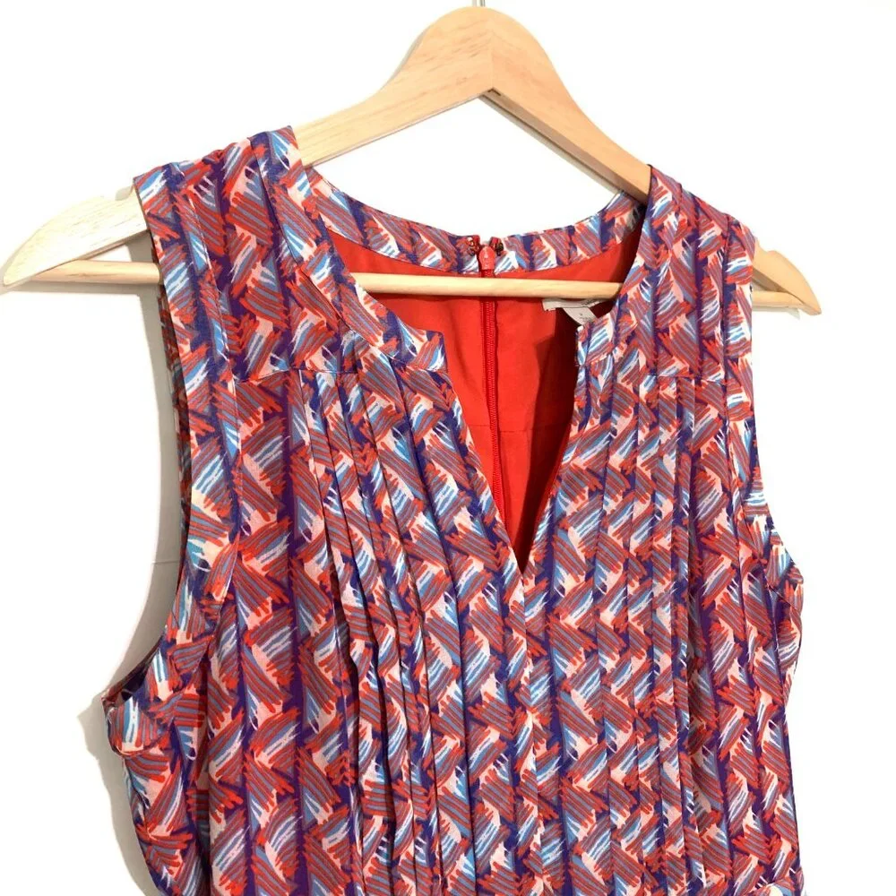 Halogen Sleeveless Red & Blue Geometric Print Dress Size 2 Pleated A-Line V-Neck